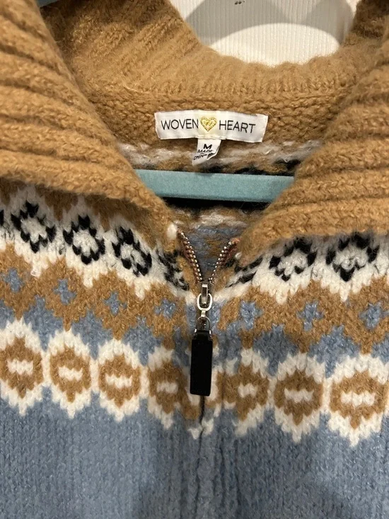 Woven Heart Zip-Up Fair Isle Knit Jacket - Blue & Brown - Picture 2 of 5